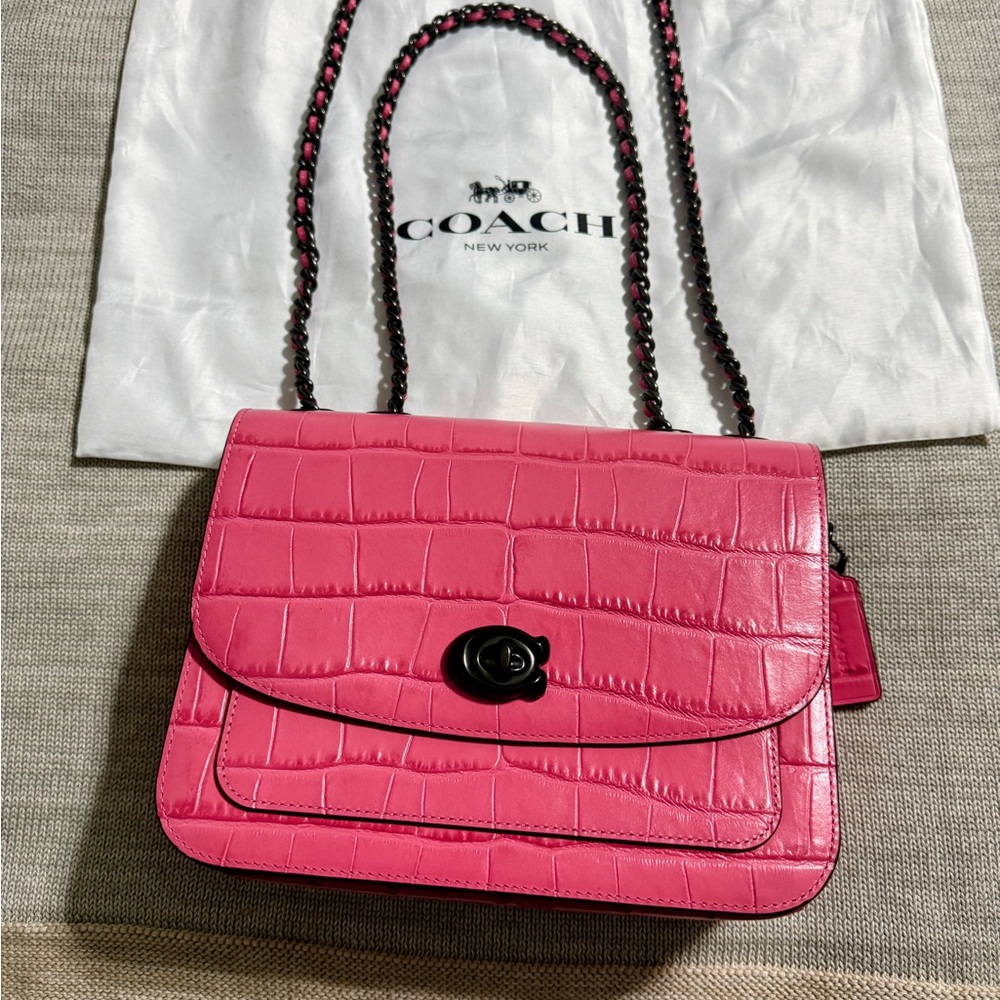 Coach Vibrant Pink Croc-Embossed Shoulder Bag